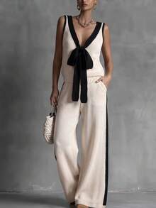 Conjunto de 2 piezas para mujer con chaleco de punto blanco crema con ribete de contraste, lazo delantero y cuello en V & pantalones de pierna ancha con rayas laterales, conjunto casual ligero y transpirable para uso diario - Albaricoque - Ver 5
