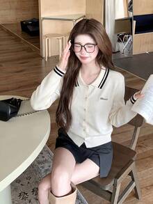 Autumn/Winter New Design Striped Polo Collar Preppy Style Knit Sweater Long Sleeve Women Sweet Girl Contrast Color Top Slim Fit Pullover Fall - Apricot - View 5