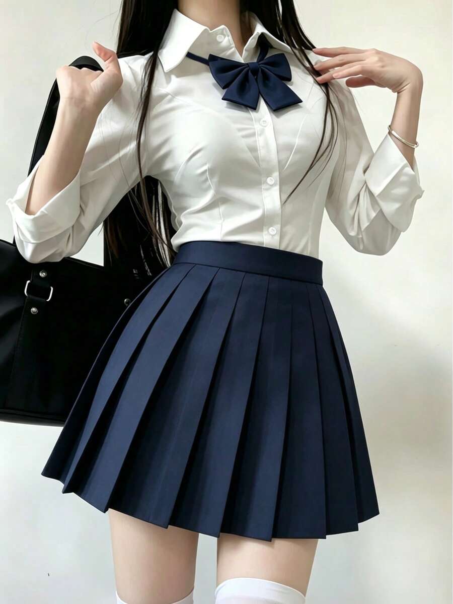 1件日系經典校園JK套裝,長袖上衣 + 百褶迷你裙 + 蝴蝶結 3件套,女款軟妹校園Cosplay風格秋季 - 彩色 - 查看 1