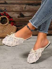 Gentle Lace Floral Bow Closed-Toe Slippers, Girly Breathable Mesh Flat Sandals For Home And Outdoor Wear - Beige - View 4