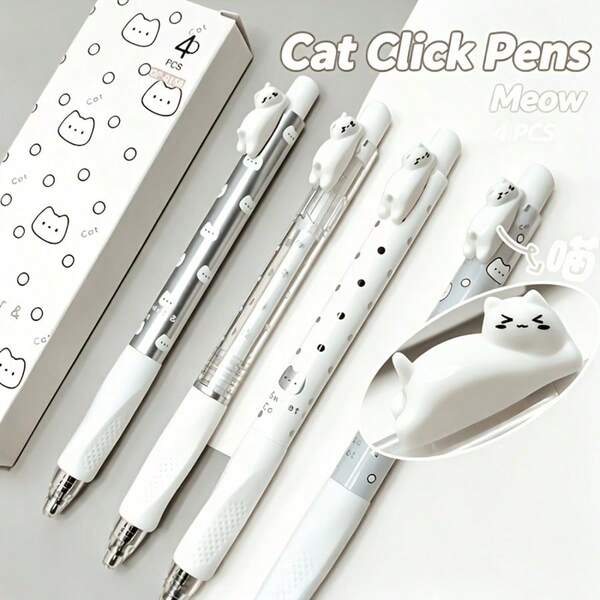 14pcs Cute Cat Shaped Retractable Gel Pens, 0.5mm Fine Tip, Black Ink, Suitable For School And Office Supplies Stationery Set, First Day Of School