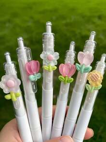 6pcs Floral Theme Neutral Pens, Student Black Ink Ballpoint Pens, Random Color Style, 0.5mm Tip Desktop Decoration, Floral Design, First Day Of School - Multicolor - View 6