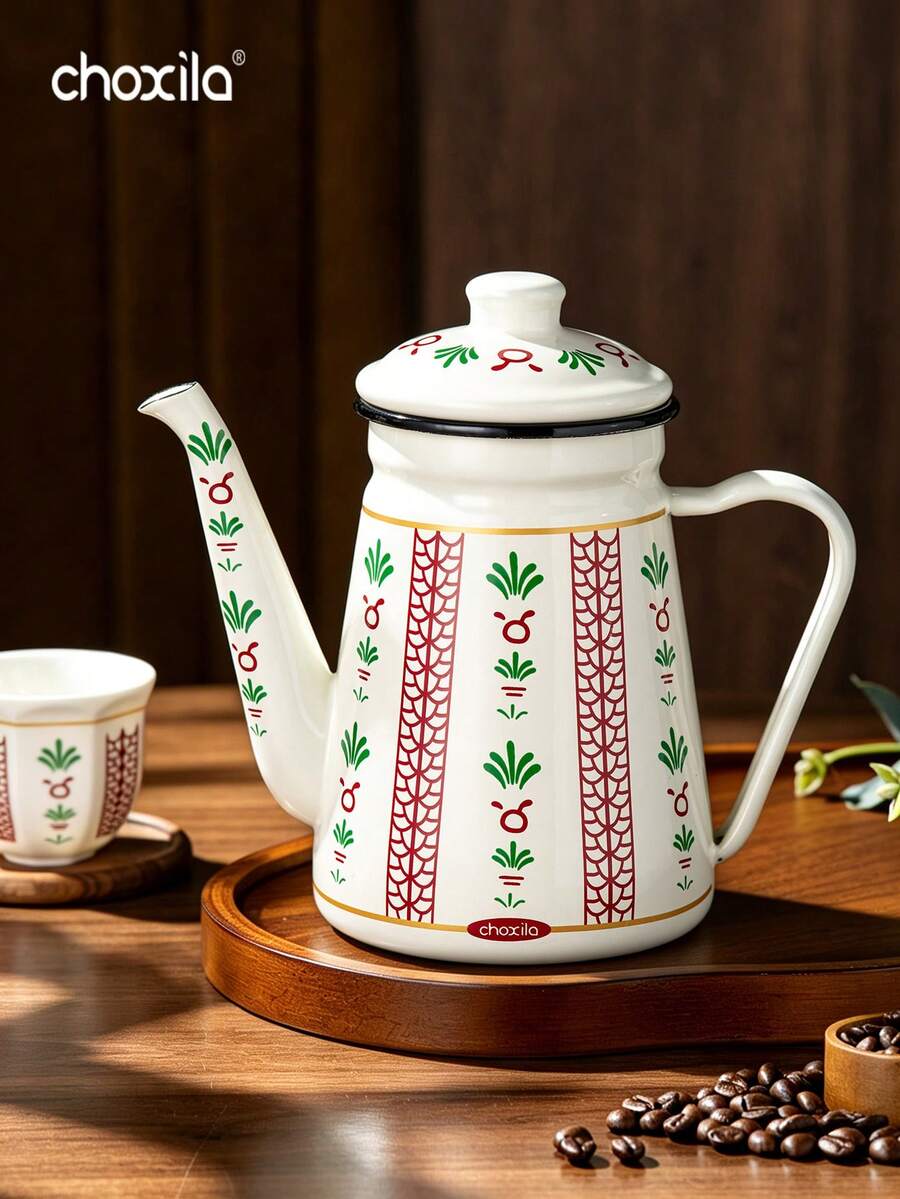 choxila 1pc Vintage Printed Enamel Coffee Gooseneck Kettle, With Lid Drip Coffee Pour-Over Pot, Home Kitchen Stovetop Tea Kettle, For Coffee Making
