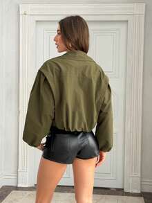 Jaket Polyester Lengan Panjang Fashion Wanita, Cocok untuk Dipakai di Musim Gugur/Musim Dingin, Jaket Penerbangan Panjang Standar yang Elegan - Dark Green - View 8