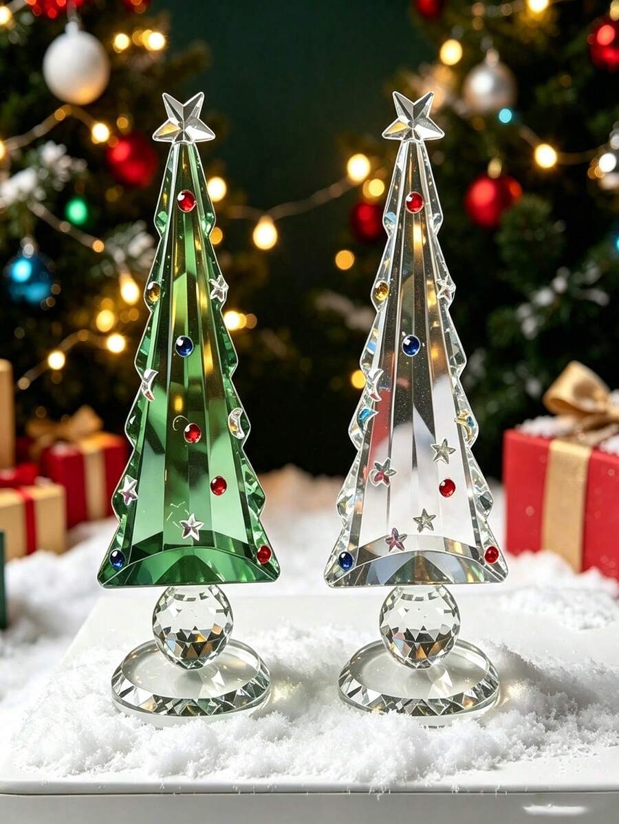16cm High 5cm Base Crystal Christmas Tree Decoration Gift Set, Includes Gift Bag, Shiny Glass Christmas Tree Desktop Ornament, Decorated With Colorful Rhinestone Stars, Home Desktop Display Window Christmas Atmosphere Decoration, Holiday New Year Gift