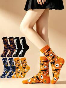 4 Pairs Halloween Themed Mid-Calf Socks, Pumpkin, Skeleton, Ghost, Skull, Black Cat Student Socks, Casual Mid-Calf Socks, Unisex For Party And Daily Wear - Black - View 2