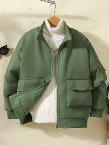 Boys' Winter Padded Workwear Jacket With 3D Pockets, Cold-Proof - Army Green - View 1