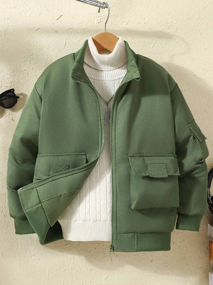 Boys' Winter Padded Workwear Jacket With 3D Pockets, Cold-Proof - Army Green - View 1