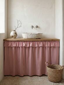 1pc Red And White Thin Striped Sink Skirt, Rustic Country Style Fabric Material, Rectangular Top With Ruffle Edge And Gathered Hem Detail, Covers Sink Underside Space And Decorative Beautification Function, Kitchen Sink Cover Curtain Suitable For Farmhouse Kitchen And Home Decor Scenes - Red - View 7