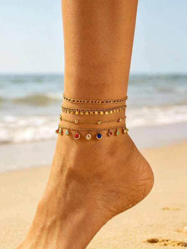 1/4pcs Minimalist Versatile Bohemian Western Style Stainless Steel Chain Anklet Multi-Layer Stackable Anklet Set Colorful Rhinestone Round Disc Pendant Beach Vacation Women's Anklet Summer Accessory (Random Color And Quantity Of Rhinestone Beads Pendant)