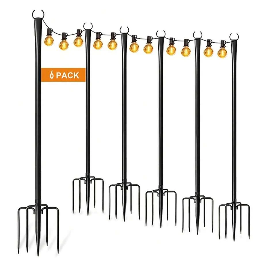 6 Pack String Light Poles – Height Adjustable Outdoor Light Poles, Sturdy Metal With Rust-Resistant Coating, Forked Base For Easy Ground Insertion, Garden Patio Backyard Lighting - Black - View 1