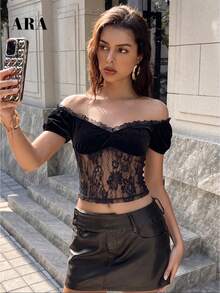 ARA CHIC Women Off Shoulder Velvet Lace Crop Top, Black Fall Puff Sleeve Sheer Fitted Top For Nightclub Halloween Holiday Party - Black - View 7