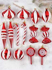 14pcs Festive Christmas Candy Cane Balls Ornament Set - Red & White Striped And Polka Dot Plastic Hanging Pendant For Holiday Tree, Window, Home & Office Decor, Candy Theme Christmas Gift Decorations - Multicolor - View 2