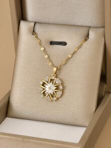 1pc Fashion Sparkling Rhinestone Flower Round Stainless Steel Women's Necklace, 1 Pair Fashion Sparkling Rhinestone Flower Round Stainless Steel Women's Earrings, Gold Necklace, Gold Earrings, Stainless Steel Jewelry, Gold Jewelry, Summer, Beach, Vacation Jewelry, Charm, Pride, Western Jewelry, Gift For Women, Gift, Birthday Gift - Yellow Gold - View 9