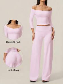 TimeOff Women's One Set Solid Color Open Shoulder Off Shoulder Mid-Sleeve Fitted Top And Wide Leg Long Pants - Pink - View 11