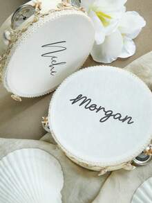 Custom Name 6 Inch Boho Wedding Tambourine Hand Held With Single Row Metal Jingles Starfish And Seashell Woven Decor Musical Rhythm Percussion Instrument Gift For Beach Wedding Bridal Shower Reception Party Dancing (Drumstick Not Included) - Beige - View 4