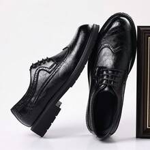 Men's Formal Brogue Lace-Up Thick Sole Derby Shoes, British Style Business Casual Versatile Commuter Shoes - Black - View 3