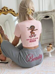 2pcs Women's Casual Minimalist Print Short Sleeve Top + Elastic Waist Straight Leg Pants Loungewear Set - Pink - View 3