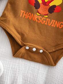 2pcs Baby Girl Turkey Pattern Long Sleeve Bodysuit With Tulle Skirt And Headband Set, Cute Holiday Outfit For Spring And Autumn - Khaki - View 7