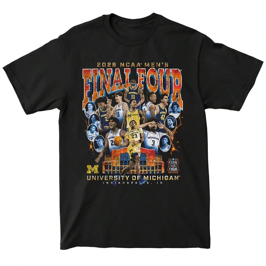 Breathable Cotton Sports T-Shirt For Men And Women Of The Michigan Wolverines, Final Four 2026 Basketball Team - Shape - View 1