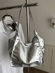 Premium Large Capacity Women's Handbag, Fashionable Versatile Casual Minimalist Commuter Shoulder Tote Bag - Silver - View 5