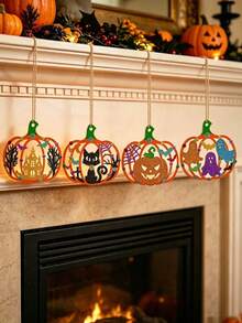 12/25/38 Halloween DIY Wooden Hanging Decor Set - Unfinished Decorations With Randomly Matched Colored Pens, Pom Poms, Gem Stickers And Jute Rope - Creative Painting Activity, Suitable For Halloween Parties, Pajama Parties, School Art Projects And Artistic Hanging Decor - Pumpkin - View 8