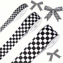 Black And White Checkered Ribbon (Polyester Satin) - Ideal For Racing Theme Decor, DIY Crafts, Gift Wrapping, Pet Leashes, Wedding Supplies And Bows, Halloween Decor, Christmas Decor - Checkerboard - View 1