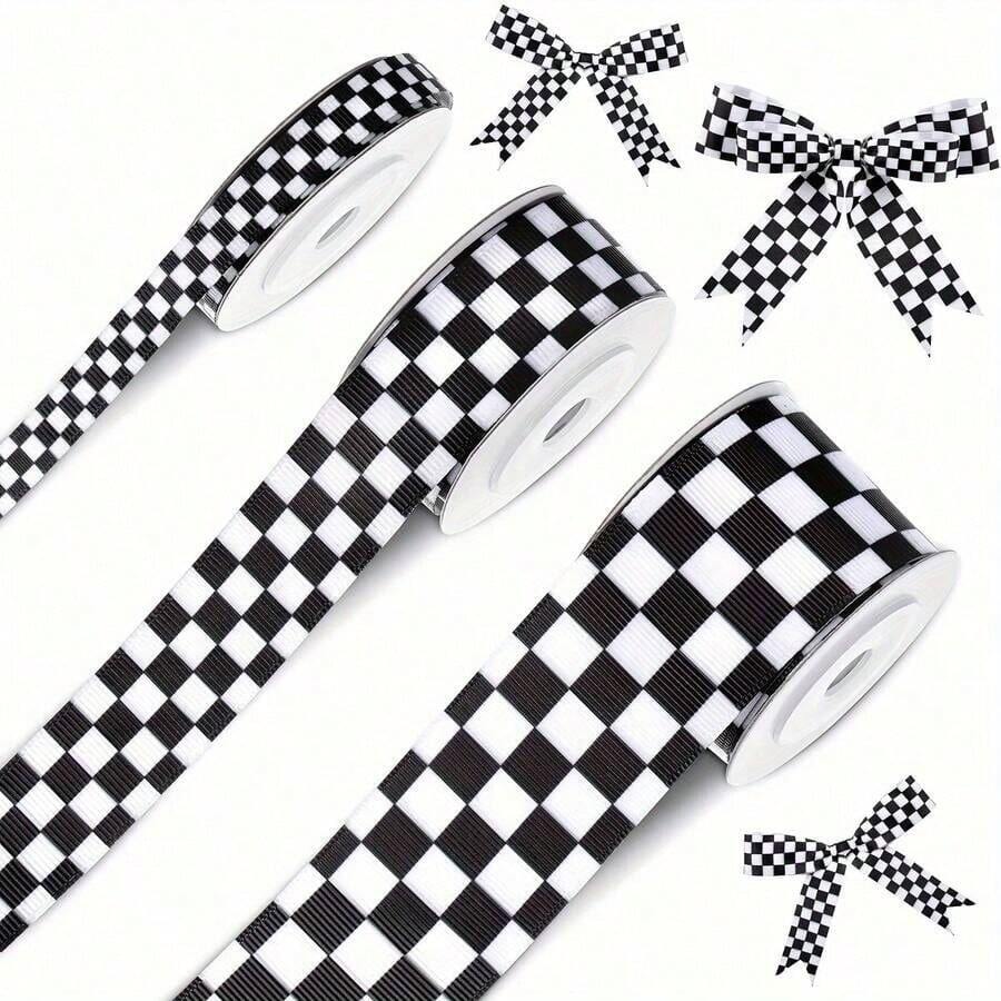 Black And White Checkered Ribbon (Polyester Satin) - Ideal For Racing Theme Decor, DIY Crafts, Gift Wrapping, Pet Leashes, Wedding Supplies And Bows, Halloween Decor, Christmas Decor - Checkerboard - View 1