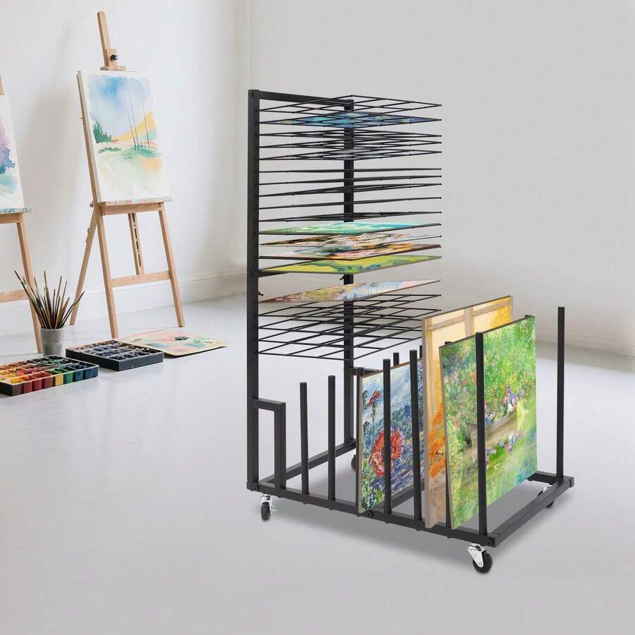 Mobile Art Drying Rack, Iron Canvas Storage Stand, 20 Shelves, 4 Wheels, Black - default - View 1