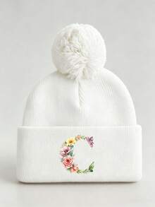 1pc Baby Beanies Boy Girls White Pom-Pom Cap With A-Z Letter Colorful Floral Hat For Boys And Girls Ages 0-8Y, For Hat Accessories Winter Warm Hat - Multicolor - View 13