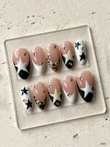10pcs Autumn/Winter Y2K Star Rhinestone Press-On Nails, Almond Shape Reusable Handmade Fake Nails, Black White Star Leopard Print Nude Base With White French Tip Crystal Rhinestone Design, Ins Cool Girl Manicure, Suitable For Daily, Party, Date, Holiday - Black and White - View 3