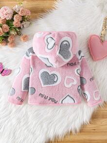Baby Girl Spring/Autumn Flannel Heart Print Hooded Jacket, Thickened Warm Baby Outerwear - Multicolor - View 2