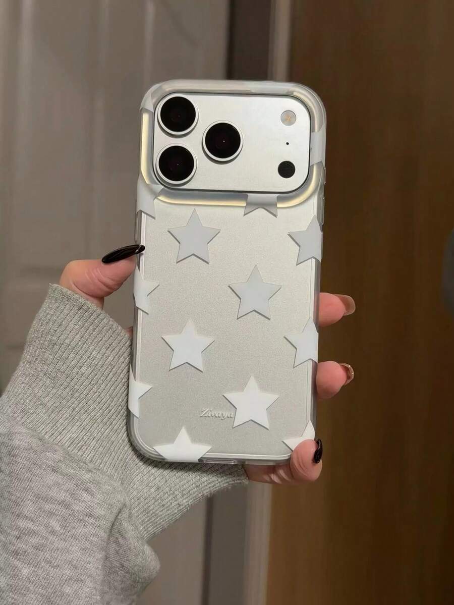 Minimalist Silver Base Full Screen White Star Hand Strap Compatible With Apple 17 Pro Max Phone Case 16 New 15 Pro Women's 16 PM Full Coverage Protective Shell - White - View 1