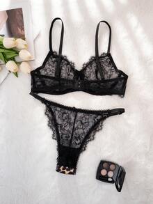 1 Set Women's Leopard Print Lace Patchwork Underwire Thin Cup Comfortable Lingerie Set - Black - View 2