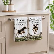 2pcs Cow Daisy Pattern Kitchen Towels, Vintage Western Country Farmhouse Style Soft Fabric Rectangular Text Print Hand Towels, Suitable For Equestrian Enthusiasts, Country Kitchen, Home Gatherings, Home Decor 4/6/8pcs Set - Multicolor - View 1
