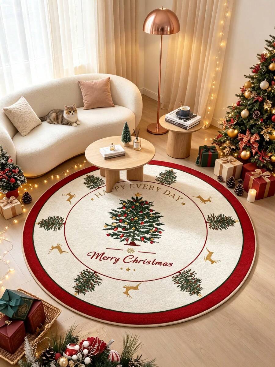 1pc White Christmas Tree Round Rug, Autumn/Winter Carpet, Decorative Rug, Bedroom Decor, Home Decor, Living Room Rug, Outdoor Rug, Washable Carpet, Christmas Gift - Multicolor - View 1