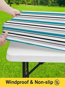 3 Pieces Picnic Tablecloth Set With Bench Cover, Elastic Edge Design, Striped Pattern, Washable Rectangular Tablecloth, Suitable For Weddings, Camping, Picnics, Garden Parties And More, Practical Essential - D - View 6