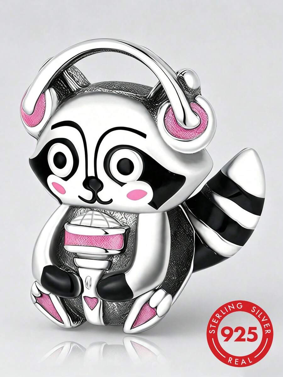 1pc S925 Sterling Silver Resin Beaded Earphone Microphone Raccoon Cartoon Animal DIY Bracelet Perforated Silver Bead Pendant - Silver - View 1