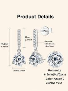 XUJIA 1 Pair Moissanite Pendant Earrings For Women, D Color VVSI Clarity, 925 Sterling Silver, Wedding Anniversary Birthday Gift - EMO-323 - View 5
