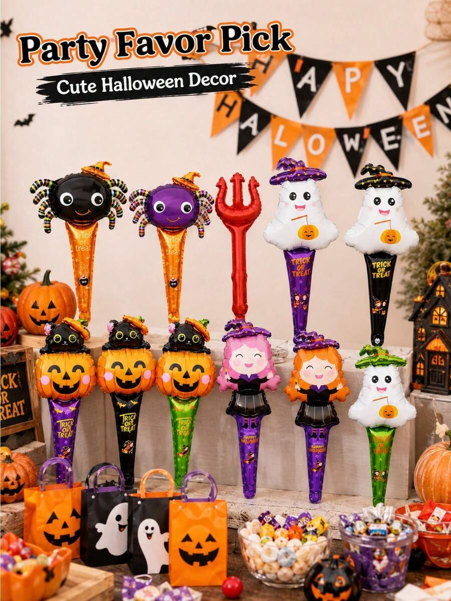 Tongkat Balon Tiup Kartun Halloween, Balon Foil Metalik Campuran Hantu, Penyihir, , Mainan Tiup Genggam, Suvenir Pesta Liburan dan Dekorasi Suasana, Cocok untuk Anak-anak - View 1