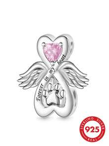 1件 S925 純銀天使之翼心形爪印珠，粉色鋯石刻字「Forever In My Heart」寵物紀念 DIY 手鍊大孔銀珠 - 銀色 - 查看 2