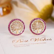 1 Pair Round Tree Of Life Hollow Stud Earrings With Rose Red Rhinestone Circle Surround, Exquisite Niche Elegant Gift Decorative Earrings For Women - Earrings - View 15