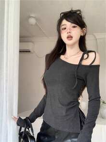 Kaos Lengan Panjang Tanpa Bahu dengan Tali Serut, Atasan Asimetris Pendek - Grey - View 10