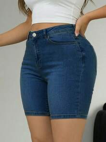 Comfortable Casual Slim Fit Mid-Waist Denim Shorts, Plus Size Design With Pockets, Distressed Wash, Suitable For Spring/Summer - Dark Wash - View 9
