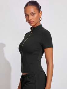 VUTRU 1pc Women's Fitted Short Sleeve Sports Jacket With Zipper Stand Collar, Running And Fitness Black - Black - View 3