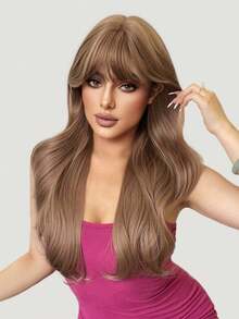 alicegarden 28 Inch Long Synthetic Wig, Natural Wavy Curls, Flaxen Brown Color, With Bangs, Suitable For Women Daily Wear, Party, Cosplay Use, Natural And Durable, Women's Wig Gift - Linen Brown - View 1