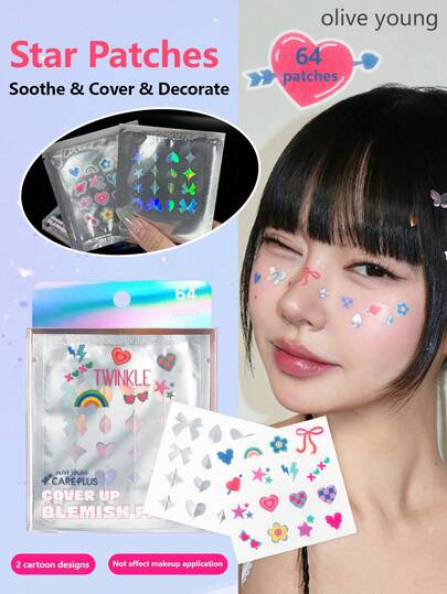 Olive Young CAREPLUS Star-Shaped Acne Patches, 64pcs/Pack, Invisible & Lightweight, Soothes Acne, Covers Blemishes, Suitable For Spot Treatment On Face, Can Be Used After Makeup, Cute Star Design For Girls, Suitable For All Skin Types