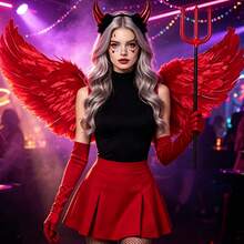 1/3/5/6/8件組女性紅色惡魔萬聖節服裝套裝，包含髮箍、手套、裙子、臉部貼紙，適合派對 Cosplay - 紅色 - 查看 7