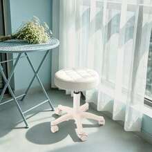 Height Adjustable PU Leather Round Rolling Stool With Wheels, Swivel Salon Spa Home Office Stool, White - White - View 6