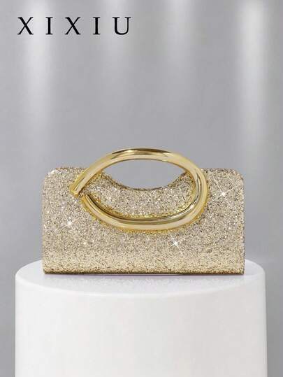 1pc Women Metal Handle Clutch Evening Bag,Sparkling Rhinestone Sequin Metal Box Bag With Detachable Metal Chain,For Wedding,Party,Ball,Formal Occasion